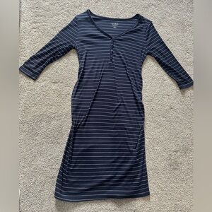Isabel Maternity Navy and Gray Striped Ruched Dress size M